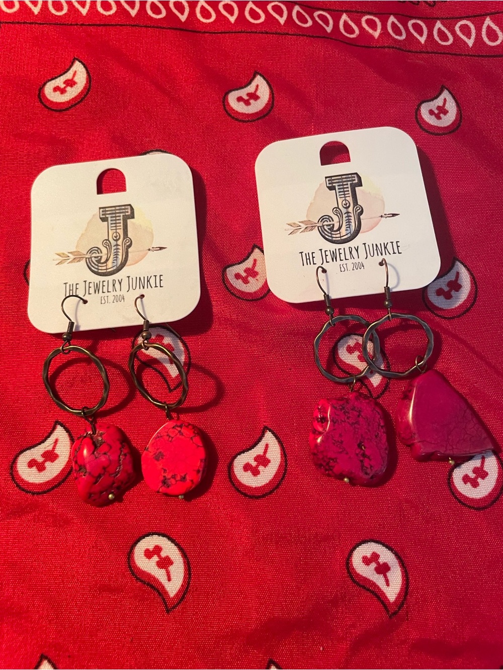 TWO Red Turquoise Chunky Dangle Earrings